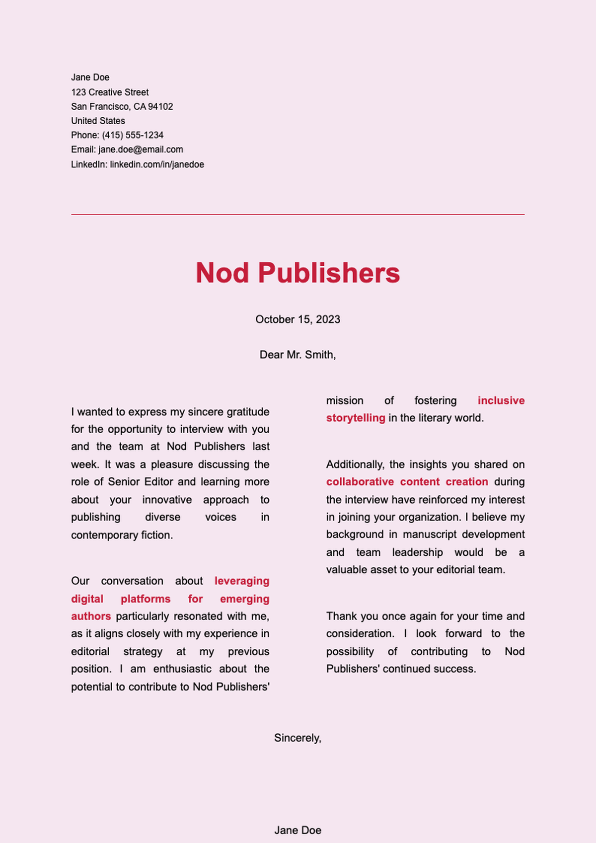 Professional cover letter from Nod Publishers with red branding and contact details_variant_3